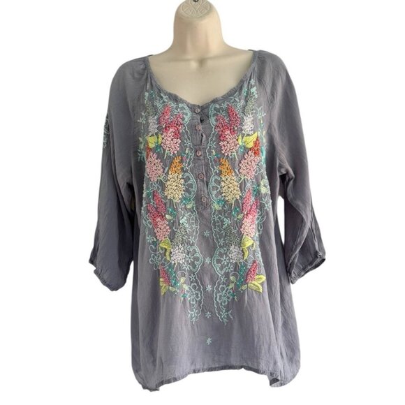 Johnny Was Woman's Sz M Leona Blue Fog Tunic Blouse Embroidered - Picture 1 of 9